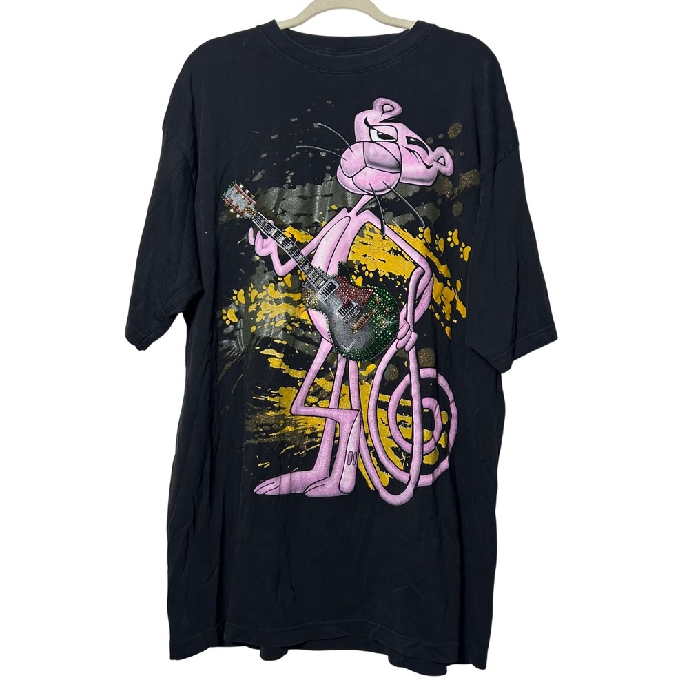 vtg y2k Pink Panther Guitar graphic tee Black Rhinestone‎ Bedazzled
